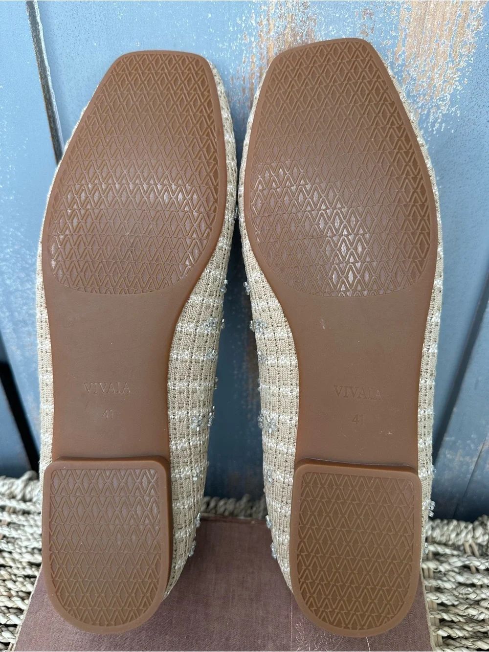 Vivaia Margot 2.0 Sequins Square Toe V-Front Flat Natural Linen Sz 41, 9.5 NWOB